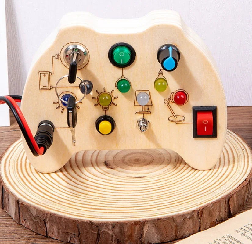 Montessori Wood Busy Board with LED Light Real Switches-Sensory Activity Toy for Toddler 1-3 Early Learning Fine Motor Skill Kit