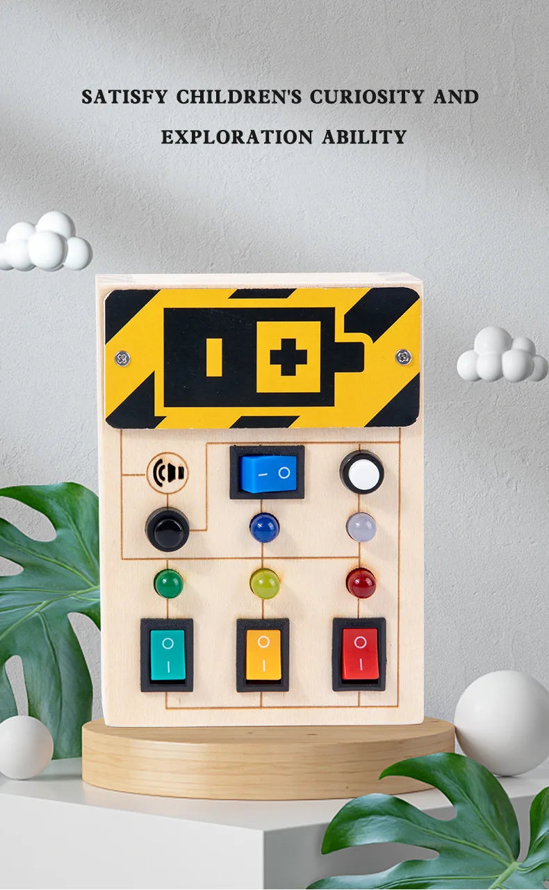 Montessori Wood Busy Board with LED Light Real Switches-Sensory Activity Toy for Toddler 1-3 Early Learning Fine Motor Skill Kit