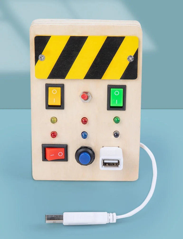 Montessori Wood Busy Board with LED Light Real Switches-Sensory Activity Toy for Toddler 1-3 Early Learning Fine Motor Skill Kit