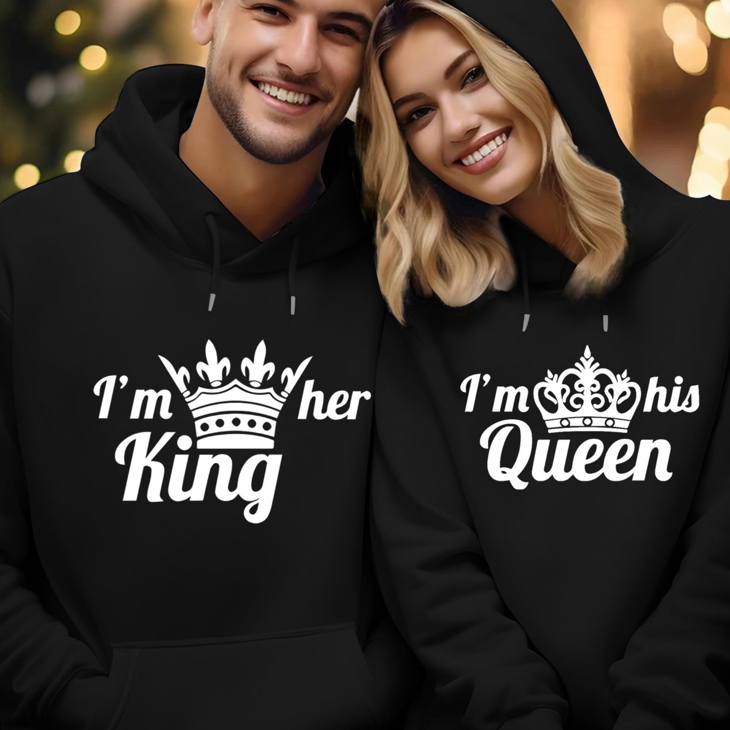 King & Queen Couples' Hoodie Set - Cozy Fleece-Lined Pullover for Men & Women, Casual Long Sleeve with Geometric Print, Perfect for Fall/Winter