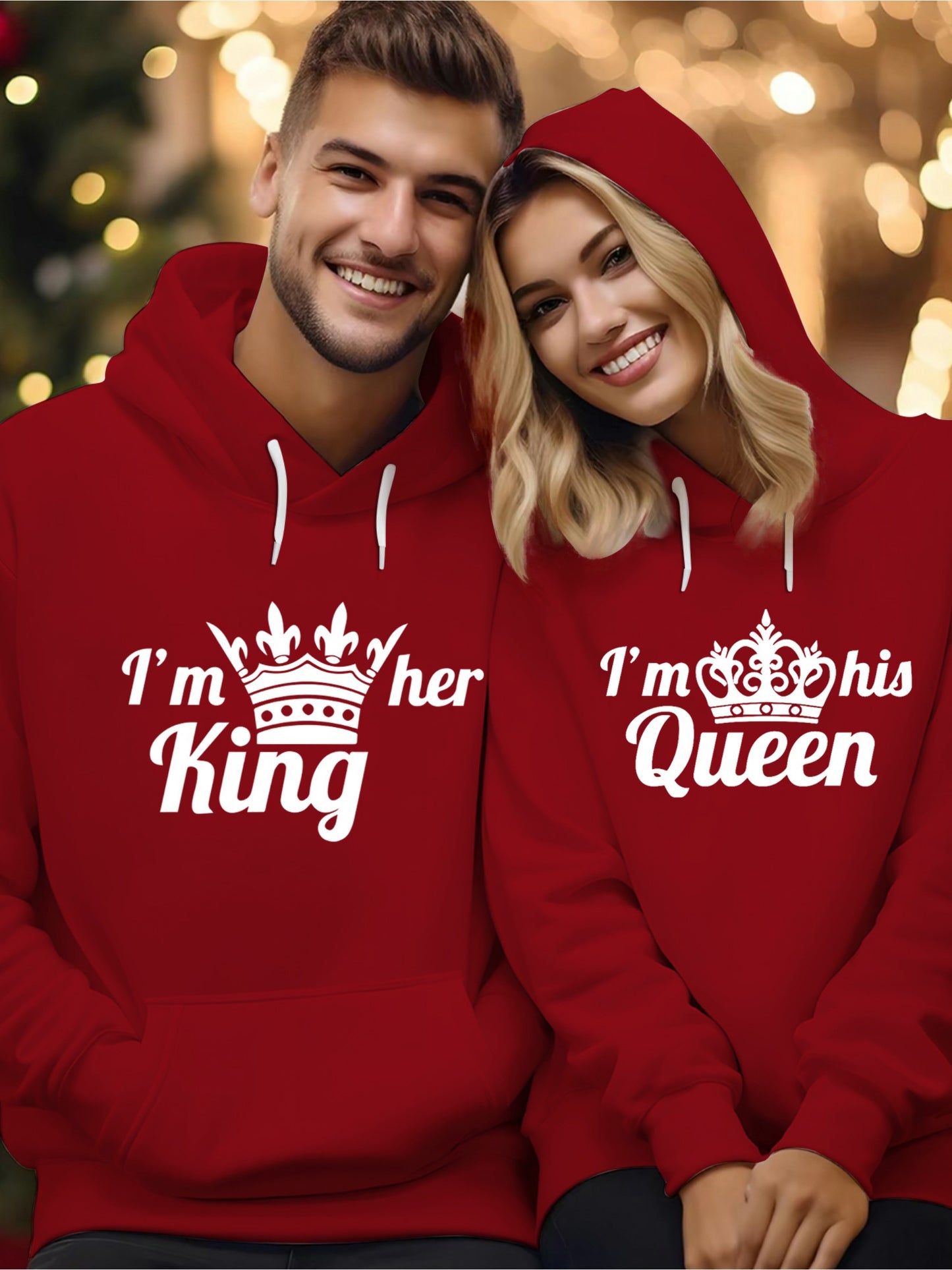 King & Queen Couples' Hoodie Set - Cozy Fleece-Lined Pullover for Men & Women, Casual Long Sleeve with Geometric Print, Perfect for Fall/Winter