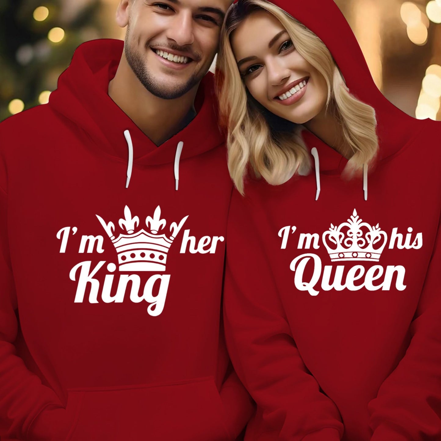 King & Queen Couples' Hoodie Set - Cozy Fleece-Lined Pullover for Men & Women, Casual Long Sleeve with Geometric Print, Perfect for Fall/Winter
