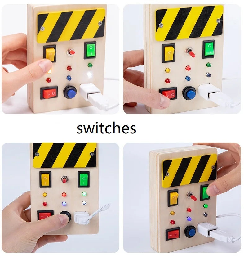 Montessori Wood Busy Board with LED Light Real Switches-Sensory Activity Toy for Toddler 1-3 Early Learning Fine Motor Skill Kit