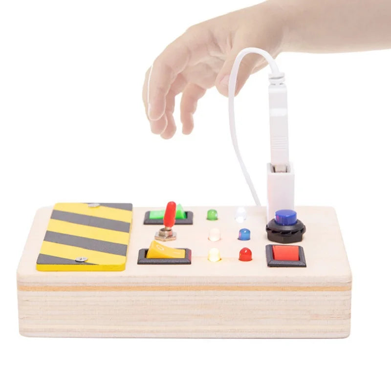Montessori Wood Busy Board with LED Light Real Switches-Sensory Activity Toy for Toddler 1-3 Early Learning Fine Motor Skill Kit