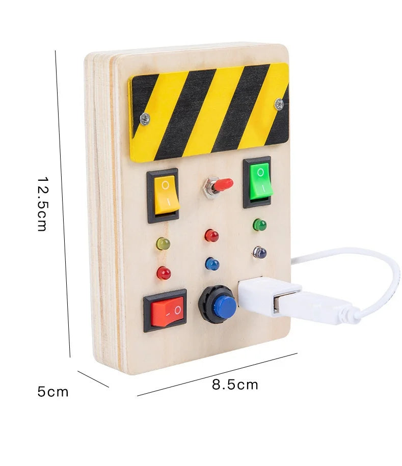 Montessori Wood Busy Board with LED Light Real Switches-Sensory Activity Toy for Toddler 1-3 Early Learning Fine Motor Skill Kit