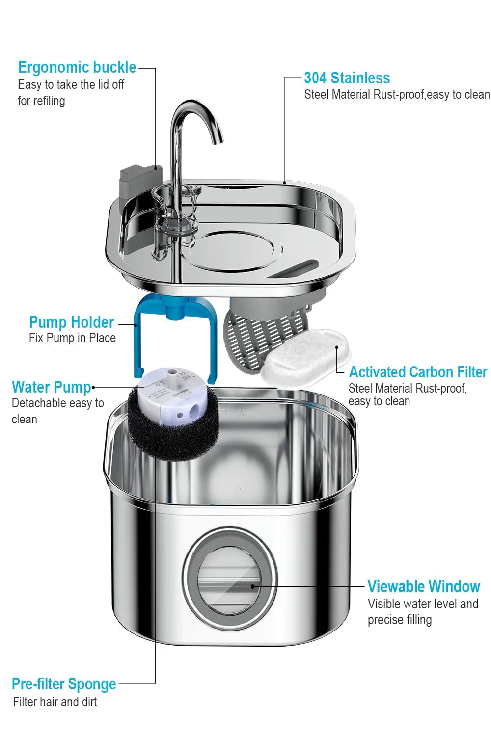 304 Stainless Steel Automatic Pet Drinking Fountain 108oz/3.2L Visual Window Cat Dog water feeder Live Water Filter With Faucet