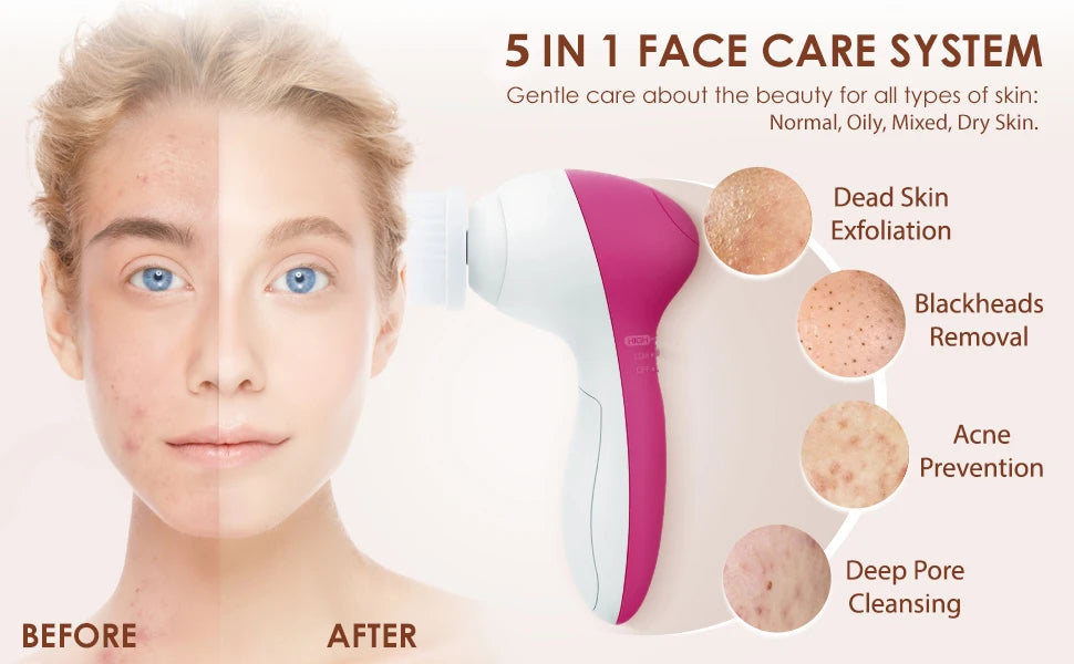 Electric 5-in-1 Facial Cleansing Brush, Multi-functional Rotating Massage Pore Cleansing Beauty Device Pore Cleaner