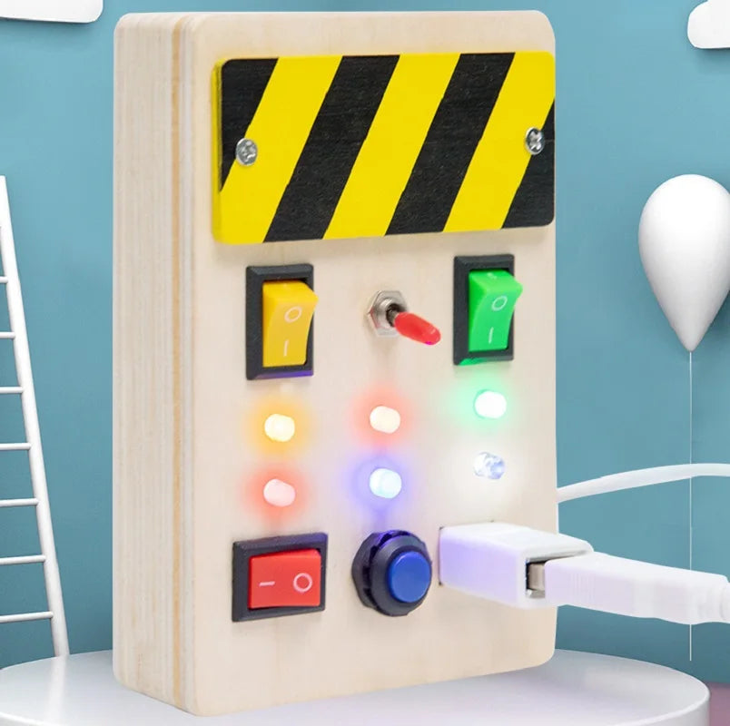 Montessori Wood Busy Board with LED Light Real Switches-Sensory Activity Toy for Toddler 1-3 Early Learning Fine Motor Skill Kit