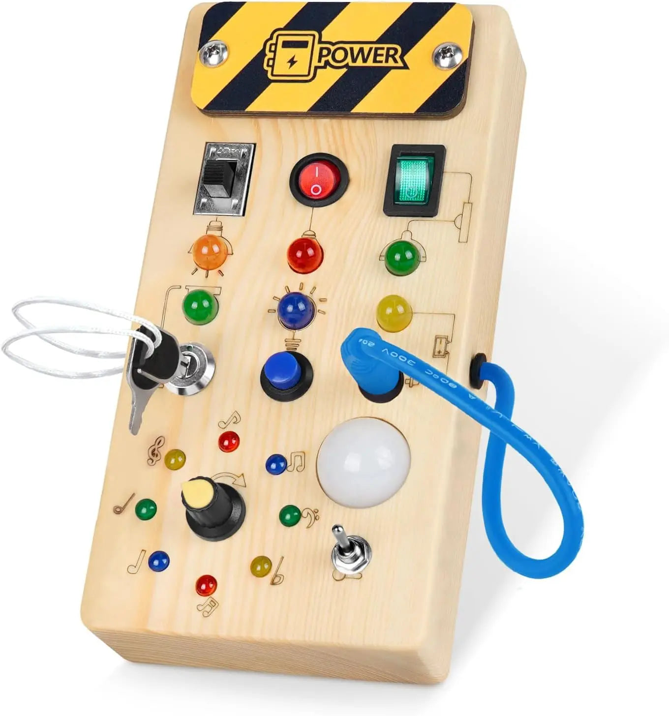 Montessori Wood Busy Board with LED Light Real Switches-Sensory Activity Toy for Toddler 1-3 Early Learning Fine Motor Skill Kit