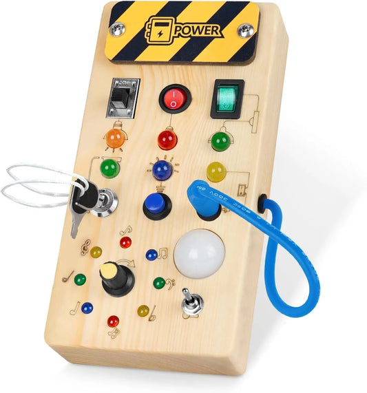 Montessori Wood Busy Board with LED Light Real Switches-Sensory Activity Toy for Toddler 1-3 Early Learning Fine Motor Skill Kit