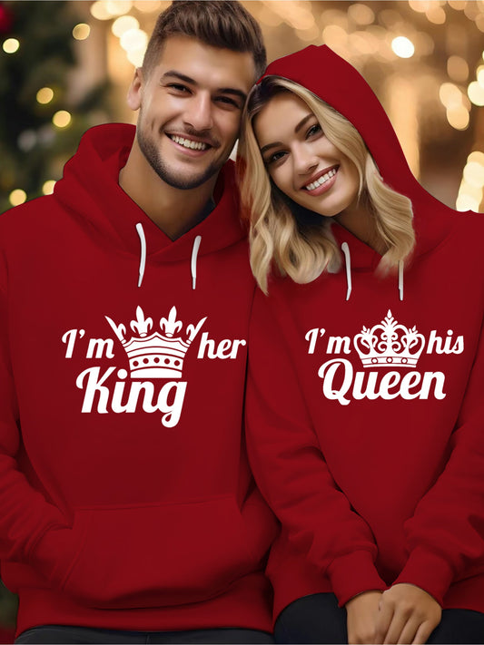 King & Queen Couples' Hoodie Set - Cozy Fleece-Lined Pullover for Men & Women, Casual Long Sleeve with Geometric Print, Perfect for Fall/Winter
