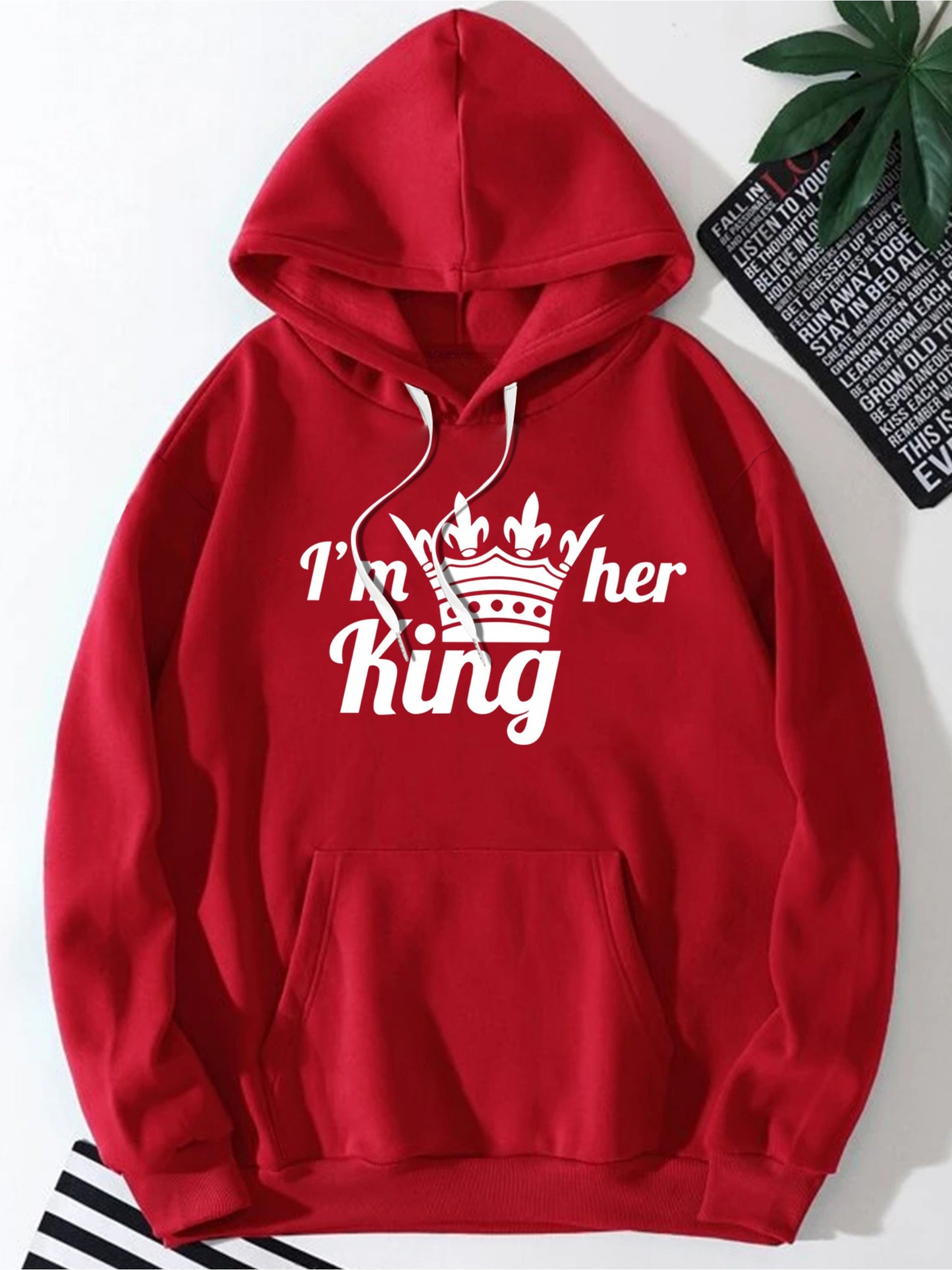 King & Queen Couples' Hoodie Set - Cozy Fleece-Lined Pullover for Men & Women, Casual Long Sleeve with Geometric Print, Perfect for Fall/Winter