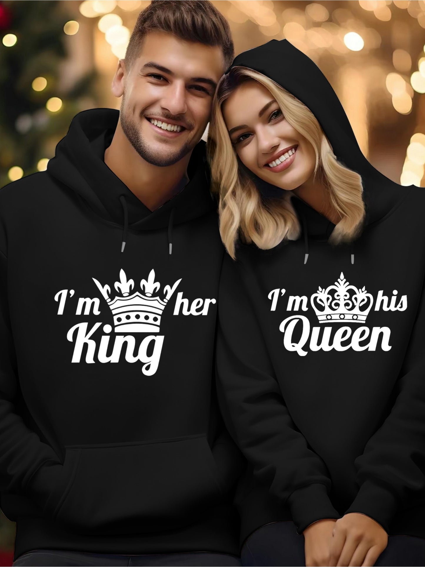 King & Queen Couples' Hoodie Set - Cozy Fleece-Lined Pullover for Men & Women, Casual Long Sleeve with Geometric Print, Perfect for Fall/Winter