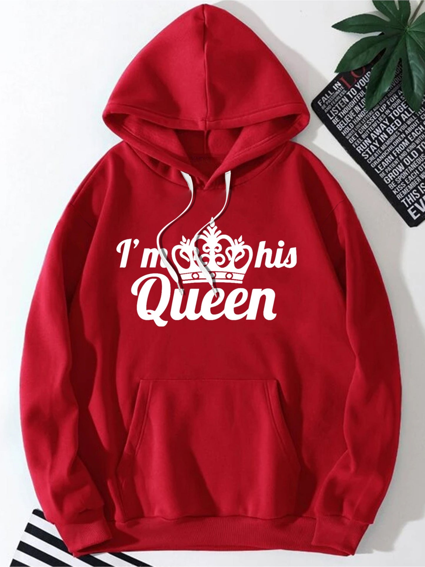 King & Queen Couples' Hoodie Set - Cozy Fleece-Lined Pullover for Men & Women, Casual Long Sleeve with Geometric Print, Perfect for Fall/Winter
